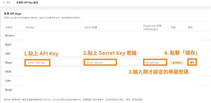 1.貼上 API Key 2.貼上 Secret Key 密鑰 3.輸入剛才設定的專屬密碼 4. 點擊「儲存」
