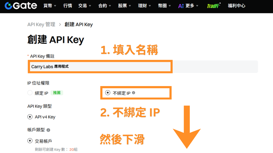 1. 填入名稱 2. 不綁定 IP 然後下滑