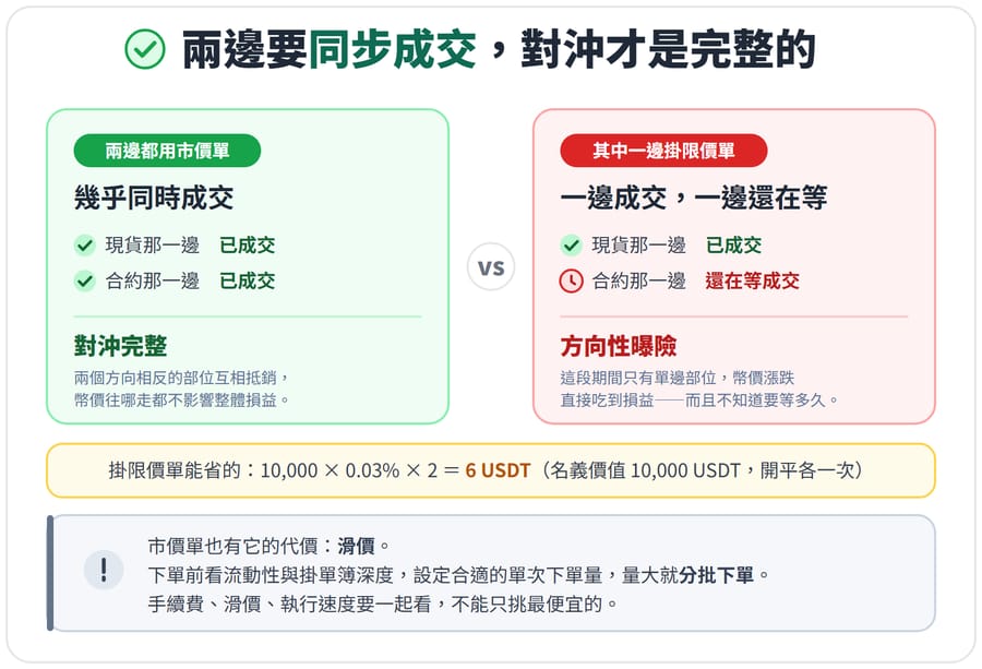 示意圖:套利為什麼兩邊都用市價單。左側為兩邊都下市價單——現貨與合約幾乎同時成交,兩個方向相反的部位互相抵銷,對沖完整,幣價漲跌不影響整體損益;右側為其中一邊掛限價單——現貨已成交、合約仍在等待成交,這段期間只有單邊部位存在,形成方向性曝險,且等待時間長短事先無法預知。底部說明掛限價單一趟只省 6 USDT(名義價值 10,000 USDT,掛單與吃單費率差 0.03 個百分點,開平各一次),以及市價單的代價是滑價,要看流動性與掛單簿深度、設定單次下單量、必要時分批下單。